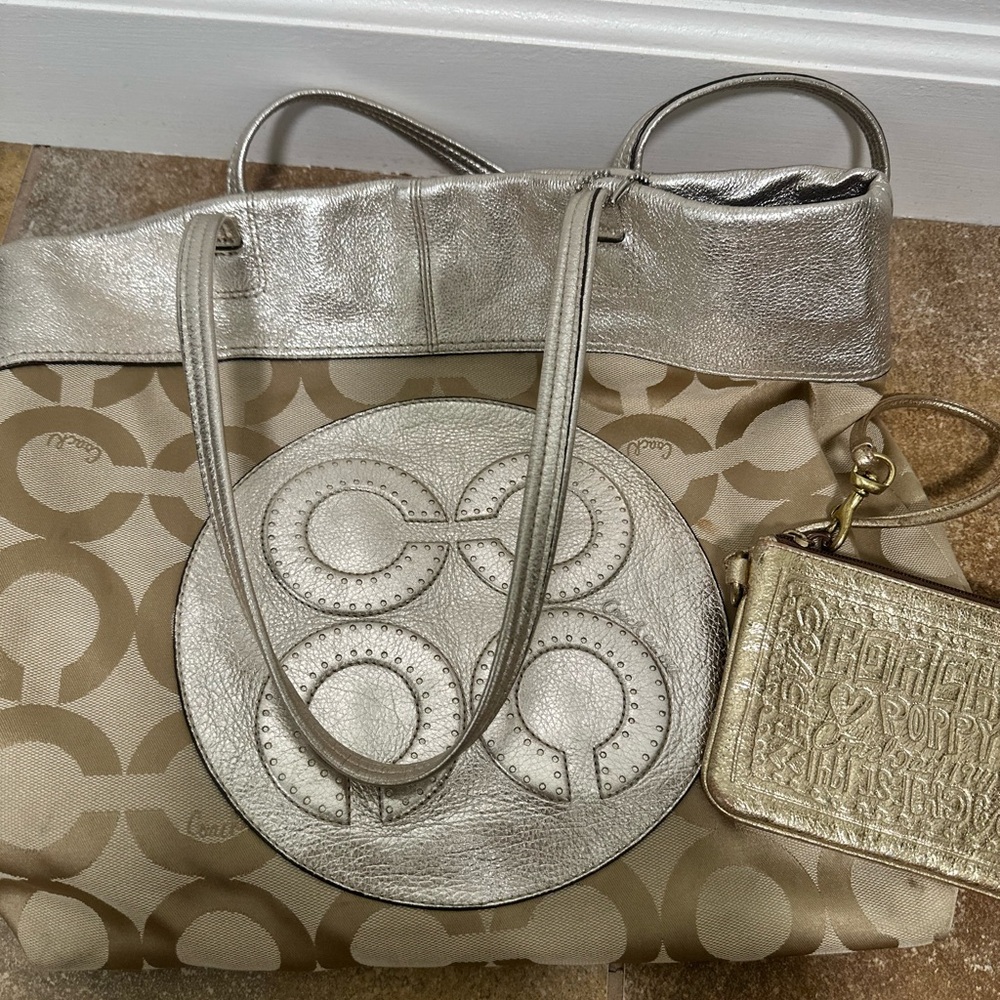 Coach Silver and Tan Signature Tote Bag Set